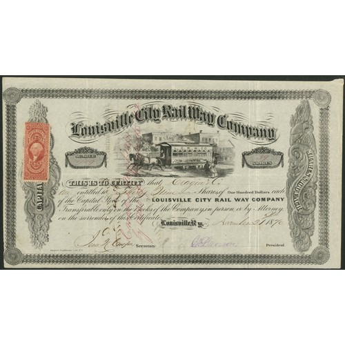 682 - U.S.A.: Louisville City Rail Way Company, $100 shares, 18[70], #409, horse drawn tramcar, black, can... 