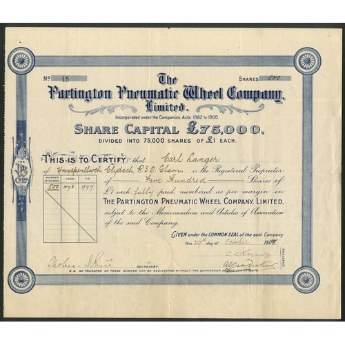 461 - Great Britain: Partington Pneumatic Wheel Company Limited, £1 shares, 190[8], #15, large forma... 