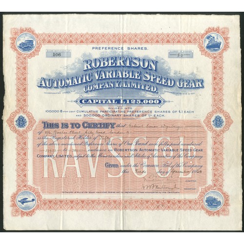 462 - Great Britain: Robertson Automatic Variable Speed Gear Co. Ltd., £1 preference shares, 19[28], #106,... 