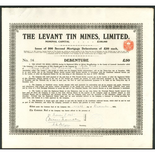 468 - Great Britain: Levant Tin Mines Limited, £50 debenture, 1923, #94, large format, black. A mixe... 