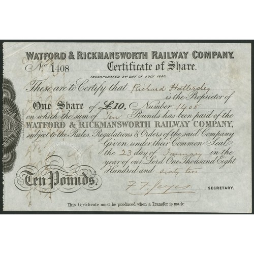 430 - Great Britain: Watford and Rickmansworth Railway Company, one share of £10, 18[62], #1408, bla... 