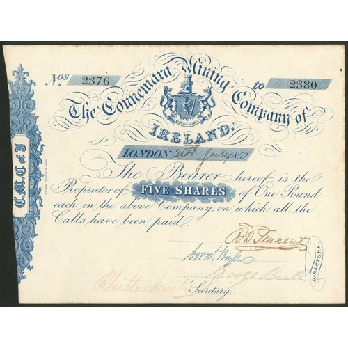 515 - Ireland: Connemara Mining Company of Ireland, certificate for 5 shares of £1, London 1852, #2376-238... 