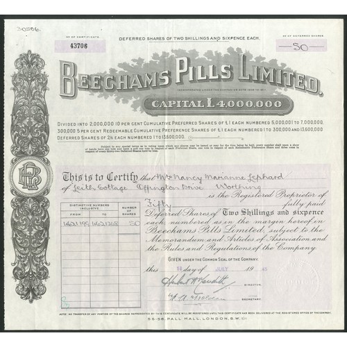 522 - Great Britain: Beecham Pills Limited, 2/6d Deferred shares, 19[45], #43706, black. Together with Bee... 