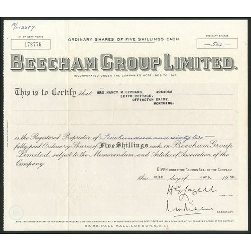 522 - Great Britain: Beecham Pills Limited, 2/6d Deferred shares, 19[45], #43706, black. Together with Bee... 