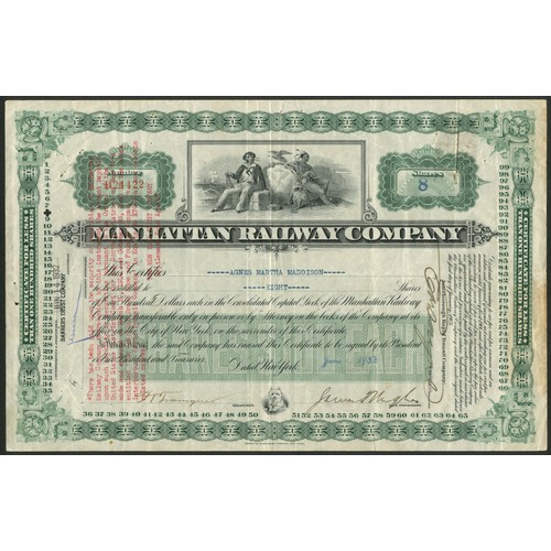 683 - U.S.A.: Manhattan Railway Company, less than 100 shares, [1932], #D21422, green, red endorsement on ... 