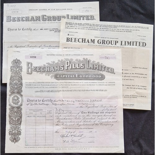 522 - Great Britain: Beecham Pills Limited, 2/6d Deferred shares, 19[45], #43706, black. Together with Bee... 