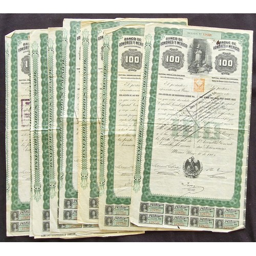 833 - ** Mexico: Banco de Londres y Mexico, 9 certificates for one share, Mexico 1905, vignette of Father ... 