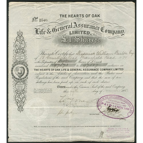 476 - Great Britain: Hearts of Oak Life and General Assurance Co. Ltd., £1 shares, 19[03], #2546, black. R... 