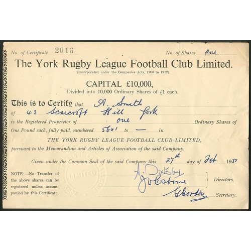 488 - Great Britain: York Rugby League Football Club Limited, £1 shares, 19[51], #2016, black. Originally ... 