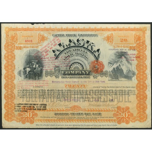 671 - U.S.A.: Alaska Treadwell Gold Mining Company, 20 shares of $25, San Francisco 189[8], #4801, orange,... 