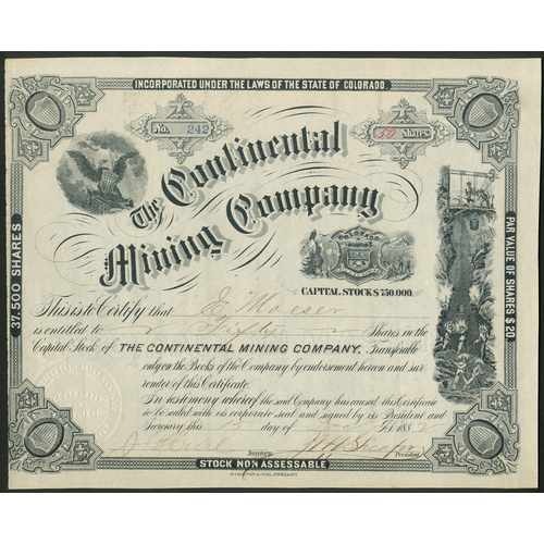 763 - U.S.A.: Continental Mining Company (CO), $20 shares, 188[2], #242, mine shaft and miners at right, e... 