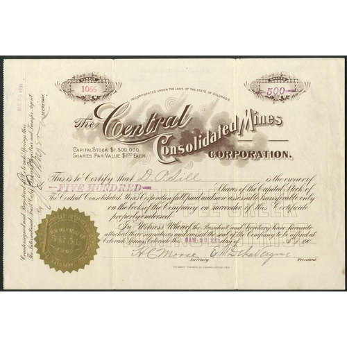 678 - U.S.A.: Central Consolidated Mines Corporation (CO), $1 shares, Colorado Springs 190[1], #1066, brow... 