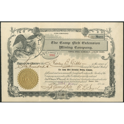 674 - U.S.A.: Camp Bird Extension Mining Company (CO), $1 shares, Denver 190[4], #952, eagle and shield to... 