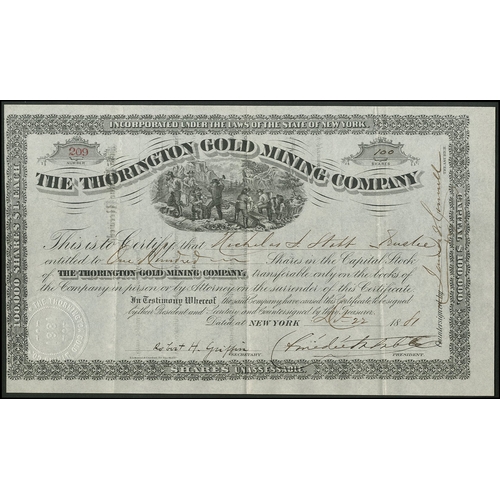 754 - U.S.A.: Thorington Gold Mining Company, $1 shares, 18[81], #209, miners at work with sluice, black. ... 