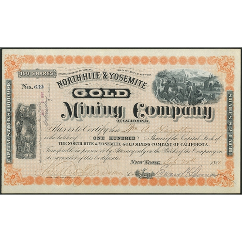 749 - U.S.A.: North Hite & Yosemite Gold Mining Company of California, 100 shares of $2, New York 188[... 