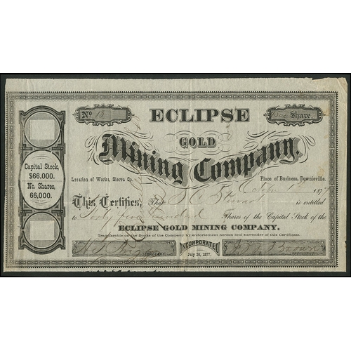 764 - U.S.A.: Eclipse Gold Mining Company (CA), $10 shares, 187[7], #18, decorative title and border, blac... 