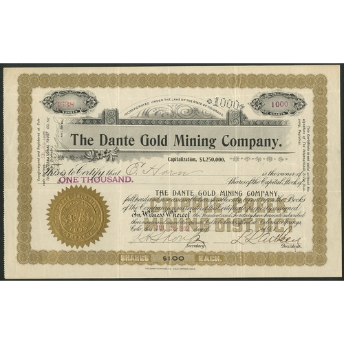 680 - U.S.A.: Dante Gold Mining Company (CO), pair of certificates for $1 shares, printing variation on da... 