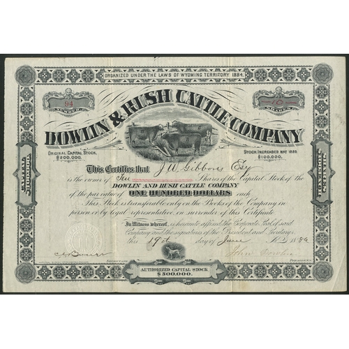 793 - U.S.A: Dowlin & Rush Cattle Company, $100 shares capital stock, 18[86], #94, cattle below title,... 