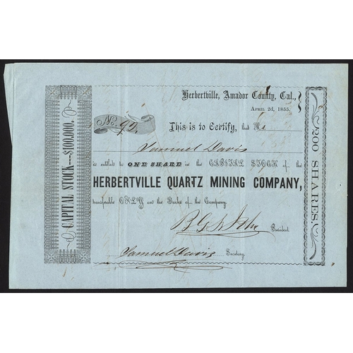 673 - U.S.A.: California; Herbertville Quartz Mining Co., Amador County (CA), certificate for one share, 1... 