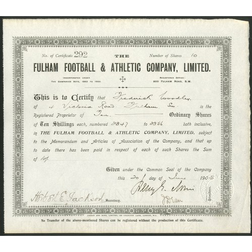 482 - Great Britain: Fulham Football & Athletic Co. Ltd., 10 shilling shares, 190[6], #189, ornate bor... 