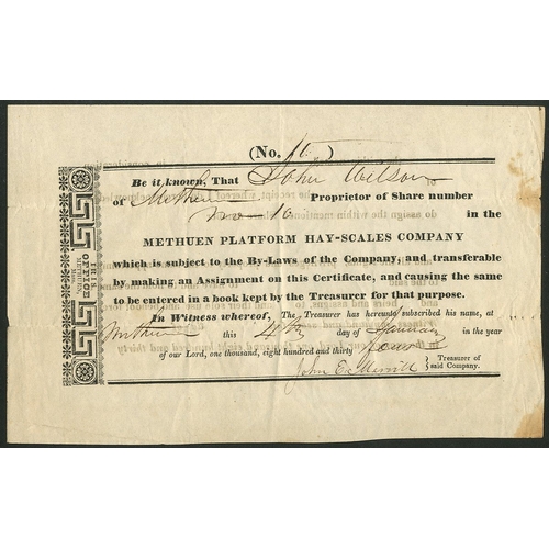 802 - U.S.A.: Methuen Platform Hay-Scales Company, Massachusetts, one share, 183[4], #10, small format wit... 