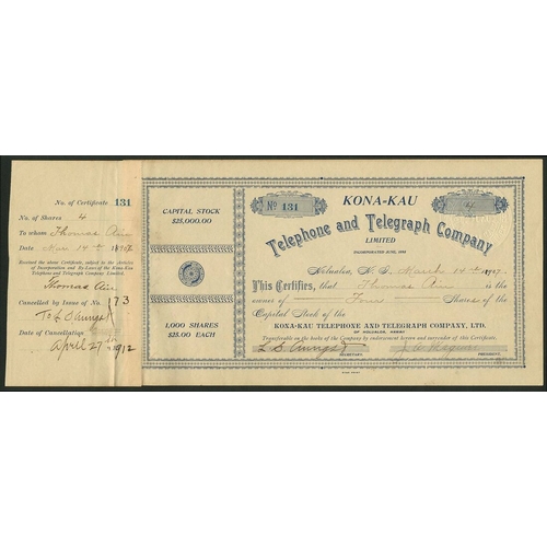 797 - U.S.A.: Hawaii: Kona-Kau Telephone and Telegraph Company Ltd., $25 shares, Holualoa 189[1907], #131,... 