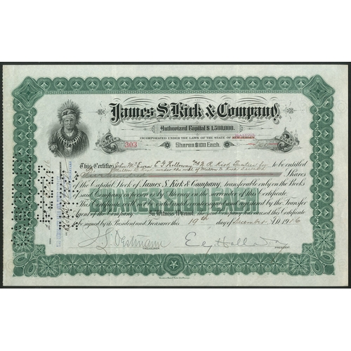 800 - U.S.A: James S. Kirk & Co., $100 shares, 19[16], #303, Native American at top left, ornate borde... 