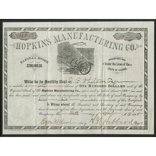 799 - U.S.A.: Hopkins Manufacturing Co., Illinois, $100 shares, 188[4], #160, plough in centre, black. Chi... 