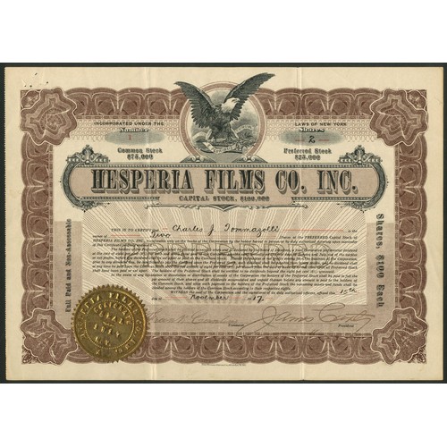 798 - U.S.A.: Hesperia Films Co. Inc., $100 Preferred shares, 19[17], #1, eagle at top, brown. This was a ... 