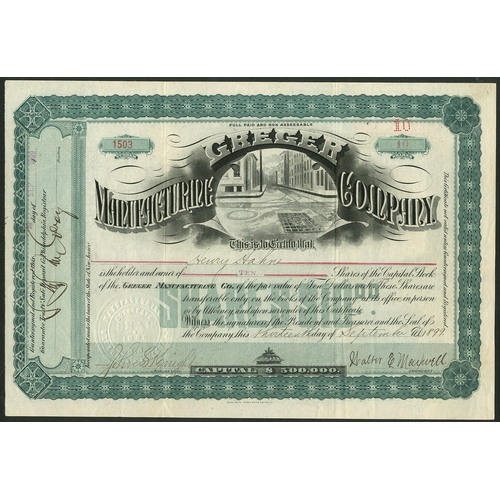 796 - U.S.A.: Greger Manufacturing Company, $10 shares, 1[899], #1503, unique vignette of street scene sho... 