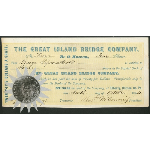 795 - U.S.A.: Great Island Bridge Company, $25 shares, 185[4], #3, small format, blue, yellow underprint, ... 