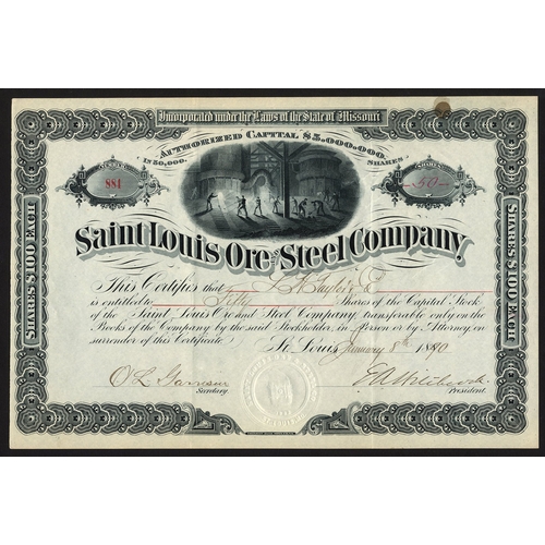 805 - ª U.S.A.: Saint Louis Ore and Steel Company, $100 shares, St. Louis 188[90], #885, handsigned b... 