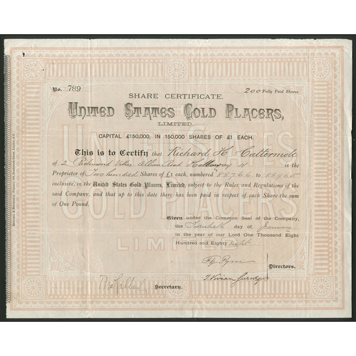 756 - U.S.A.: United States Gold Placers Limited, £1 shares, 188[8], #789, attractive printing in bl... 