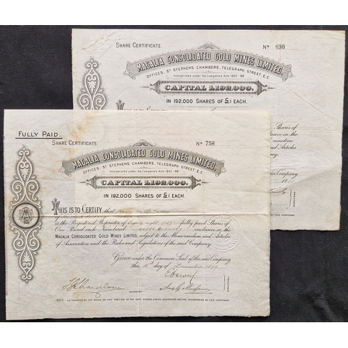 761 - U.S.A: Magalia Consolidated Gold Mines Ltd., pair of certificates, £1 shares, fully paid, [189... 