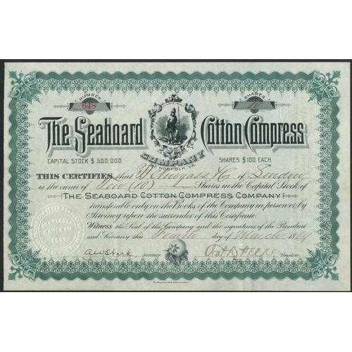 806 - U.S.A.: Seaboard Cotton Compress Company of Norfolk, $100 shares, 18[89], #648, Virginia State seal ... 