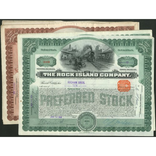 655 - U.S.A.: Rock Island Company, less than 100 shares, Preferrred stock, 19[14], green, 7 examples, toge... 