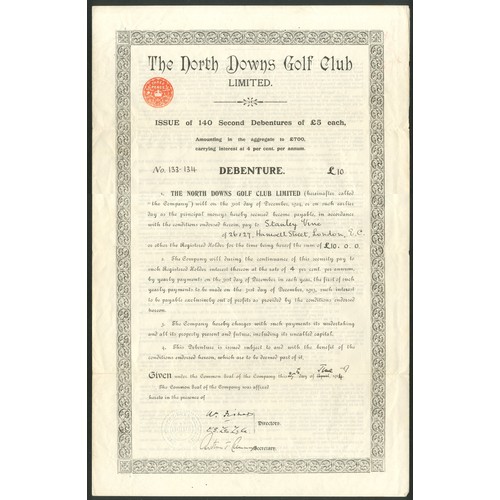 484 - Great Britain: North Downs Golf Club Limited, Second debenture, 1913[4], #133-4, large format, black... 