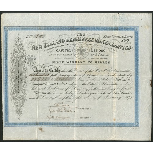 63 - New Zealand: New Zealand Manganese Mines Ltd., warrant to bearer for £1 shares, 1875, #36, ornate bo... 