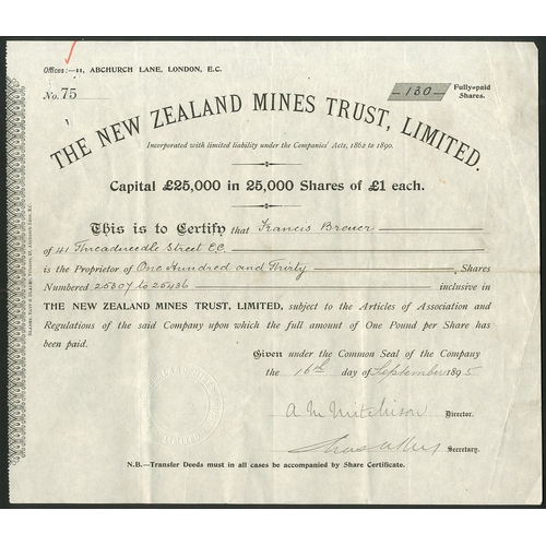64 - New Zealand: New Zealand Mines Trust Limited, pair of certificates for &pound;1 shares, 189[5], #75,... 
