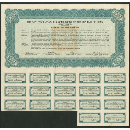 174 - China: 1947 36th Year U.S. Gold Bonds, $50 bond, first issue, #000046, Chiang Kai-shek top right, re... 
