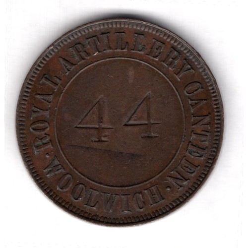 144 - Kent, Woolwich, Royal Artillery Canteen token, Gregory Browne -tenant, copper token, 34mm, stamped '... 