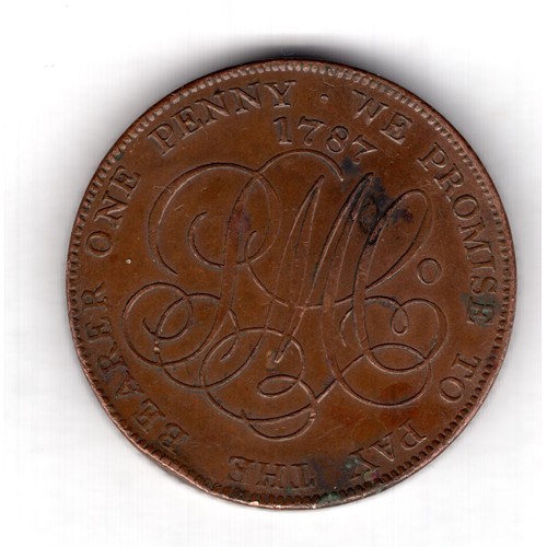 141 - Wales, Anglesey, penny, 1787, Druids head left, rev.monogram, edge reads ON DEMAND IN LONDON LIVERPO... 