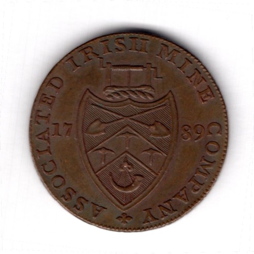 142 - Ireland, Cronebane, halfpenny, 1789, Bishop right, rev. Associated Irish Mine Company arms, near EF... 