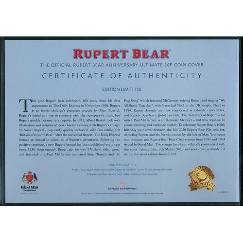 137 - Isle of Man: Elizabeth II, 2020, a Rupert Bear coin cover containing 5 x different 50 pence coins, i... 