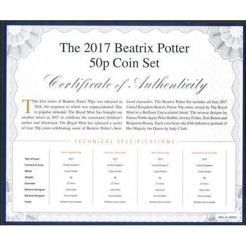133 - Elizabeth II, 2017 Beatrix Potter, set of 4 x 50p, Peter Rabbit, Jeremy Fisher, Tom Kitten and Benja... 