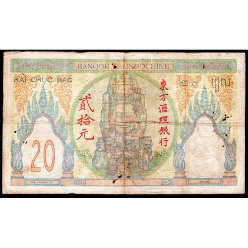 101 - French Indochina, Banque de L'Indochine, 20 piastres, (1928-31), #B199 828 (Pick 50). Small rust hol... 