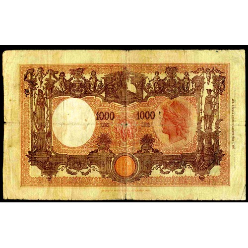 106 - Italy, Banca d'Italia, 1,000 lire, 12-12-1942, #A3 056063 (Pick 62). Edge nicks, wear hole in centre... 