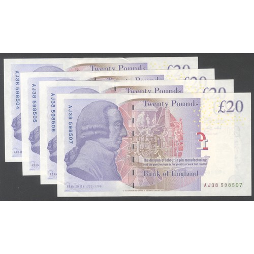 56 - Bank of England, Andrew Bailey, £20, ND (2007), a consecutive run of 4 notes, #AJ38 598504-507 (Dugg... 