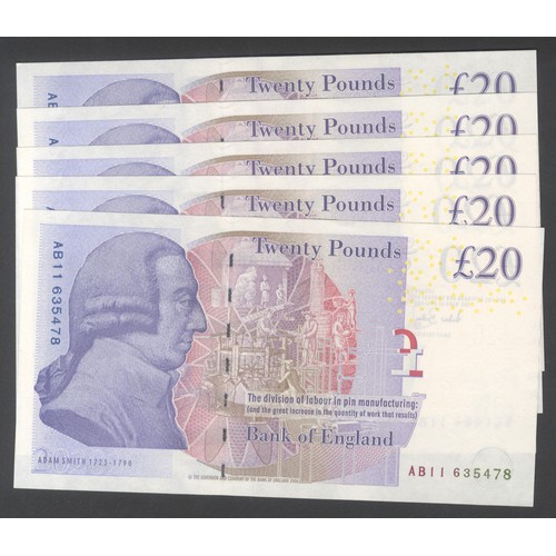 55 - Bank of England, Andrew Bailey, &pound;20, ND (2007), a consecutive run of 5 notes, #AB11 635474-478... 