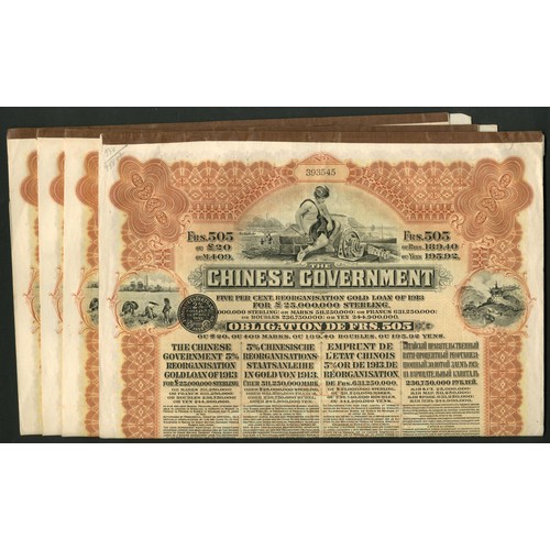 50 - China: 1913 5% reorganisation Gold Loan, a group of 4 bonds for 505 francs issued by BIC, brown, wit... 